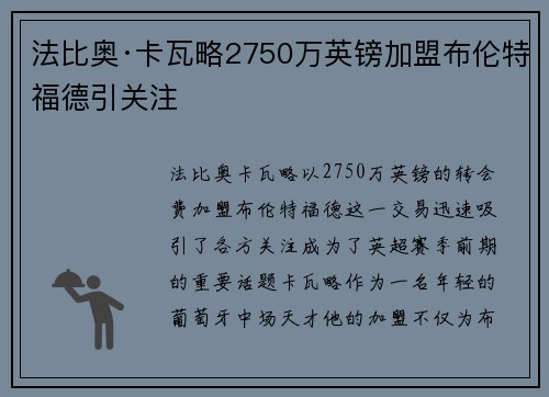 法比奥·卡瓦略2750万英镑加盟布伦特福德引关注 法比奥·卡瓦略2750万英镑加盟布伦特福德引关注